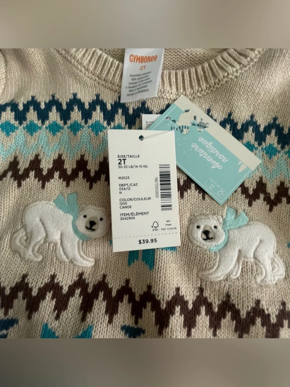 Gymboree Cream Sweater with Teal and Brown Fair Isle Polar Bears